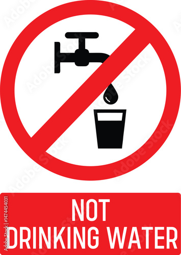 not drinking water sign with red prohibition symbol, unsafe water warning, contamination notice, health advisory