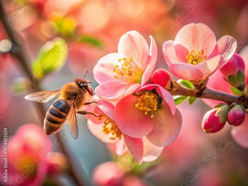 Aerial View of Bee Pollinating Chaenomeles Superba Flower
