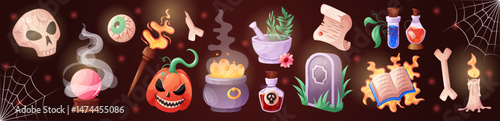 Halloween icon set. Magic witch cartoon isolated objects. Game elements, wizard tale book. Stick of fairy, pot, skull, cauldron with potion. Alchemy bottle. Vector garish sticker witchcraft collection