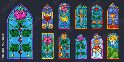 Glass stained. Craftsmanship mosaic medieval pattern with flower texture, crucifix. Geometric color leaf ornament on window. Gothic style architecture isolated elements. Vector Christianity tidy frame