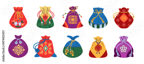 Asian purse. Korean bag pattern. Chinese gift. Oriental ornament for money pouch. Flowers lace to sack fabric. Bokjumeoni prosperity talisman. Japanese lucky handbags set. Vector tradition tidy design