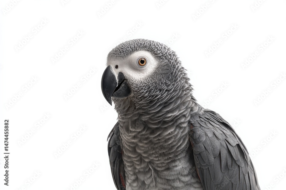 Fototapeta premium Close-up of a grey parrot against a white background.