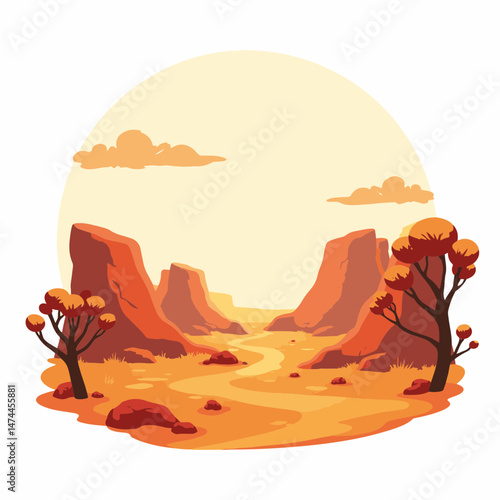 Australian Outback Landscape Illustration with Red Mountains and Trees for Travel Blogs, Nature Websites, Educational Content, and Environmental Awareness