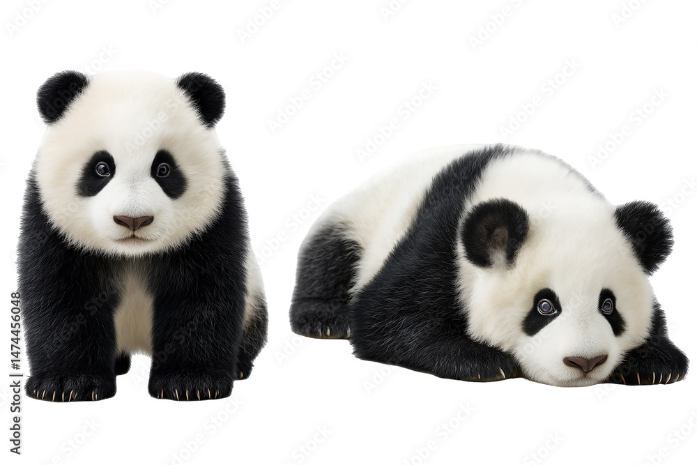 Fototapeta premium Two adorable panda bears, one sitting and one lying down