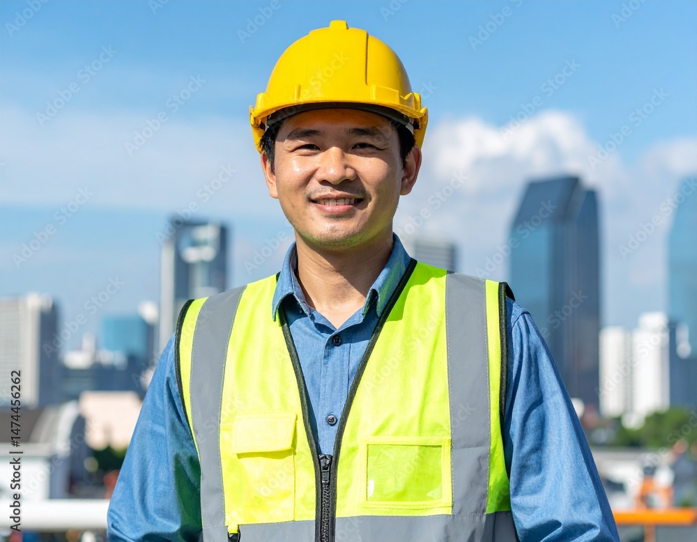 Portrait of a construction worker wearing a yellow safety helmet and reflective vest, standing confidently at a construction site, moderncity skyline in the background, bright daylight,professional Portrait of a construction worker wearing a yellow safety helmet and reflective vest, standing confidently at a construction site, moderncity skyline in the background, bright daylight,professional