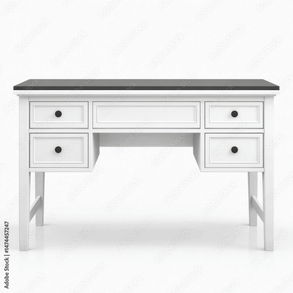 Elegant white writing desk with black top and drawers for home office use Elegant white writing desk with black top and drawers for home office use