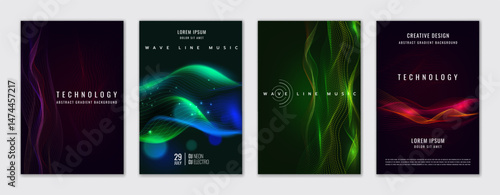 Design cover background. Blue tech dots on poster. Network flow particles. Cyber wavy 3D neural connect. Abstract flyer. Gradient lines. Music equalizer technology. Vector layout corporate banners set