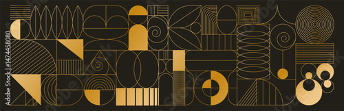 Art pattern. Geometric line. Shape square geometry backdrop. Gold abstract wedding design. Elegant horizontal background for premium card. Contemporary creative graphic ornament. Modern garish banner