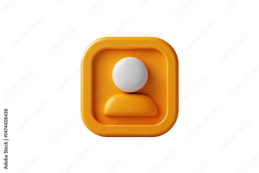 Bright orange square icon with white head and orange torso, stylized user avatar in 3D, isolated on a transparent background