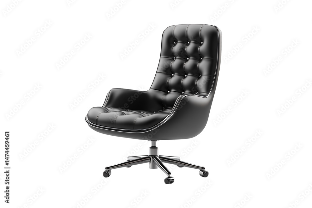 Sleek black office chair with rounded backrest, button-tufted seat, and five-star wheeled chrome base, isolated on a transparent background
