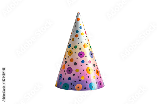 Shiny cone hat with gradient rainbow colors and dense pattern of multicolored concentric circles, isolated on a transparent background