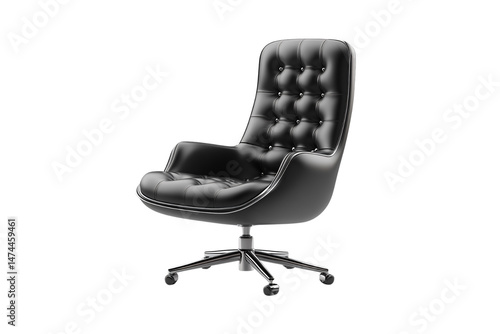 Obraz na płótnie Sleek black office chair with rounded backrest, button-tufted seat, and five-star wheeled chrome base, isolated on a transparent background w salonie