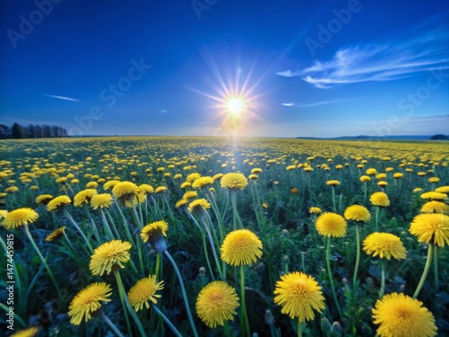 Aerial View of Spring Meadow with Blooming Dandelions