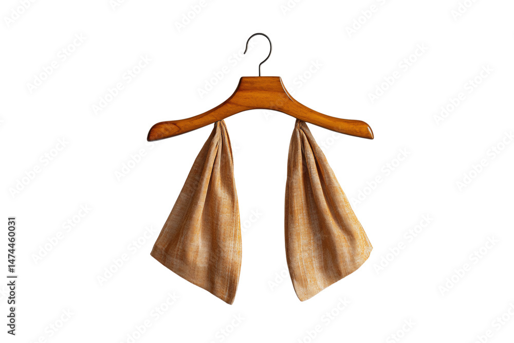 Wooden hanger with soft brown fabric draped over both sides, elegant and vintage in style, isolated on a transparent background