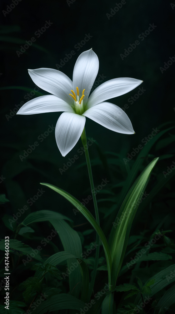 Obraz premium A pristine white lily flower with delicate petals and a vibrant yellow stamen gracefully emerges from the shadowy depths of a lush, verdant garden setting.