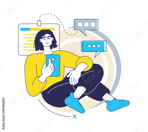 Content creation. Social media blogger. Online communication. Web blogging. Digital SMM technology. Mobile messenger. Young woman chatting with smartphone. Phone user. Internet message. Vector concept