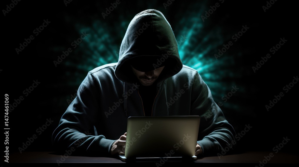 A hacker wearing a hooded jacket, typing on a laptop in a dark room with a glowing blue light behind him. A hacker wearing a hooded jacket, typing on a laptop in a dark room with a glowing blue light behind him.