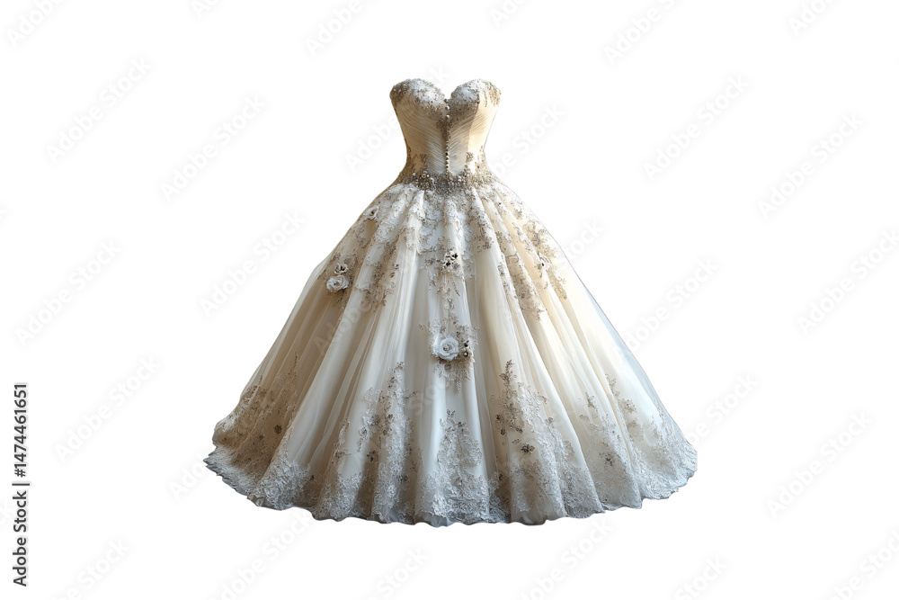 Luxurious dress with intricate floral lace, shimmering embellishments, and romantic 3D flowers on tulle fabric, isolated on a transparent background