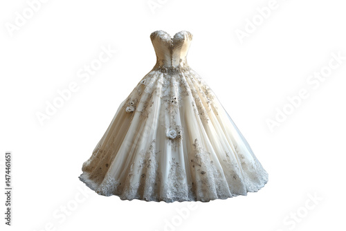 Obraz na płótnie Luxurious dress with intricate floral lace, shimmering embellishments, and romantic 3D flowers on tulle fabric, isolated on a transparent background w salonie