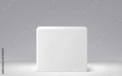 Realistic 3D vector graphic of a white cubic pedestal or podium box. Object on gray background perfect for product display, presentation, awards, or mockup projects.