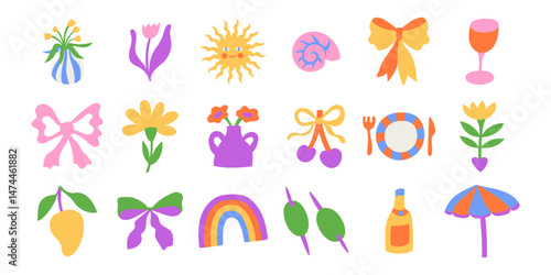 Vector simple minimal illustrations  in bright bold colors, simple wavy and groovy doodle naive style, simple hand drawn design templates for cards and prints, posters, wall art, summer vacation