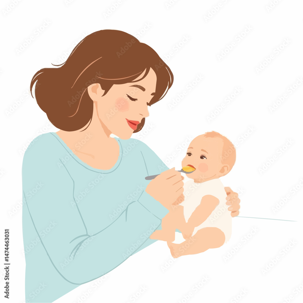 Mother lovingly feeding baby honey with spoon with. Mother lovingly feeding baby honey with spoon with.