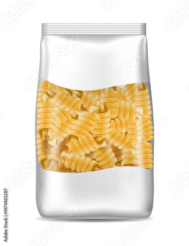 Spaghetti fusilli package. Realistic raw pasta packaging, transparent cellophane, blank label. Mockup design. Italian food pack. Dry pasta. Wrapping paper for culinary ingredient. Vector 3d object