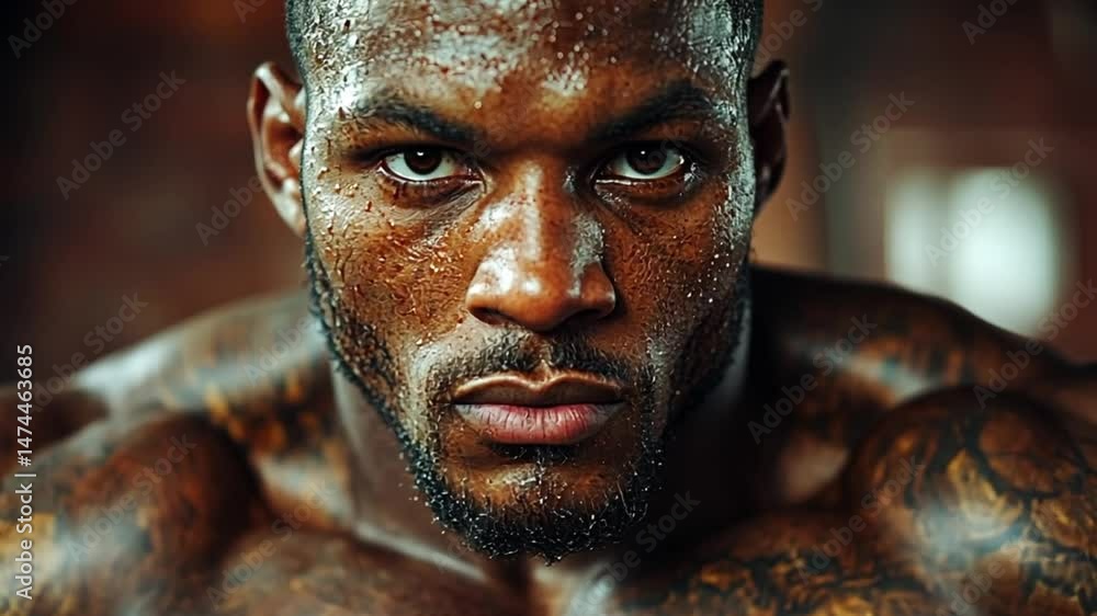Powerful Portrait of a Sweaty Muscular Man with Tattoos Powerful Portrait of a Sweaty Muscular Man with Tattoos