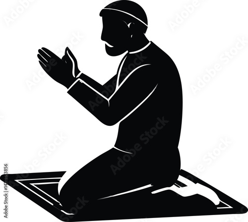 Muslim Man Praying on Prayer Mat Silhouette Black and White Illustration