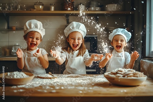 Playful kids baking, flour fun, happy chefs