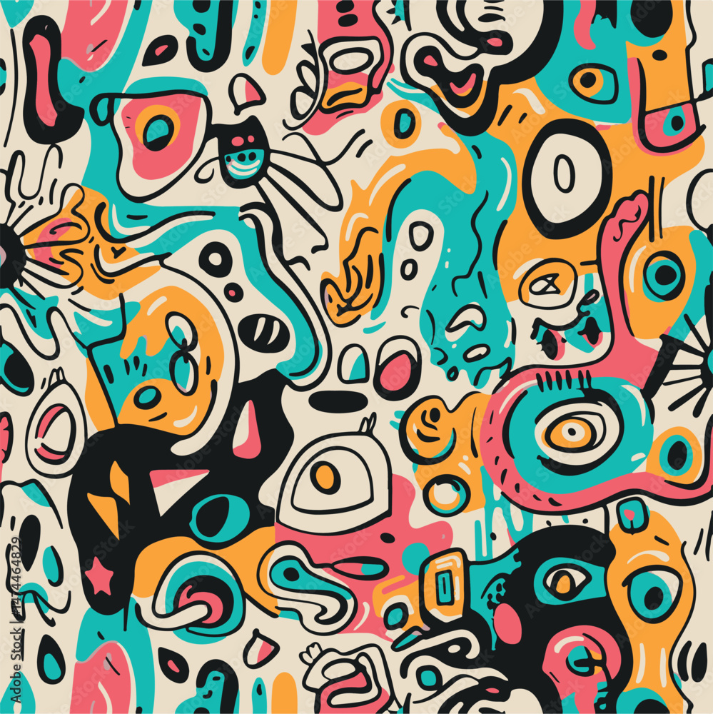 Colorful Hand-Drawn Abstract Pattern with Fun Elements Colorful Hand-Drawn Abstract Pattern with Fun Elements