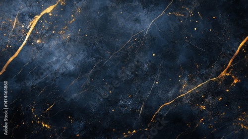 Elegant dark blue marble texture with gold veins and specks abstract background top down view