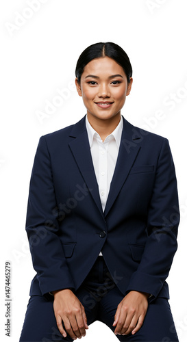 Young adult Asian businesswoman in a dark blue formal suit and white collared shirt, sitting and smiling confidently at the camera against a plain black studio background.
