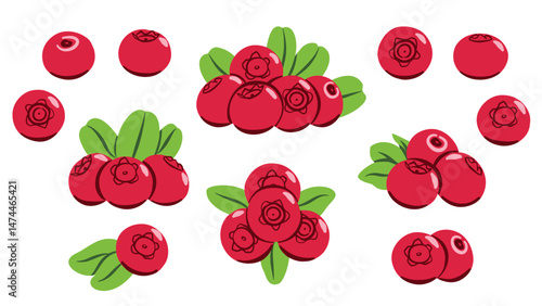 Red Berry Lingonberries Set. Flat Berries with Leaves Illustration Collection Isolated on White Background