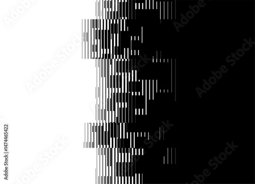 Vector transition. Striped black and white digital pattern of small abstract pixels with space for text. Technological Vector background of thin broken lines. Halftone. Data flow. Clusters. Code, info