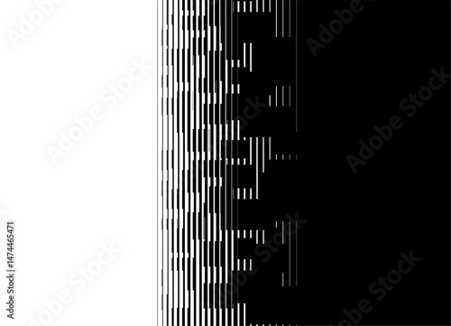 Smooth Vector transition from black to white. Vertical Striped digital pattern of small abstract pixels. Technological Vector background of thin broken lines. Halftone. Data flow. Clusters. Code, info