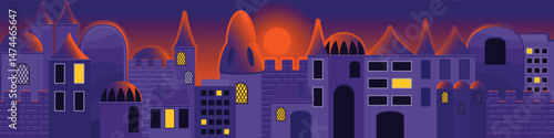 Buildings, walls and towers of an ancient oriental city sunset panorama,  vector image
