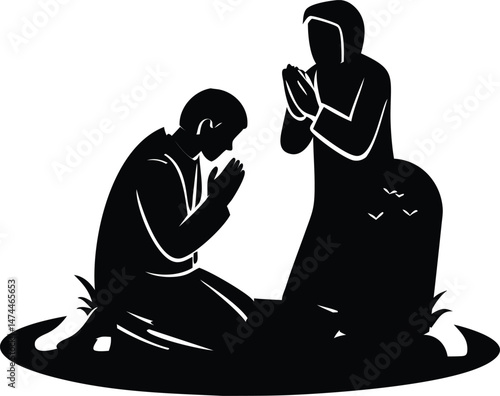 Mourning Silhouette Illustration of Two Figures Praying at a Grave