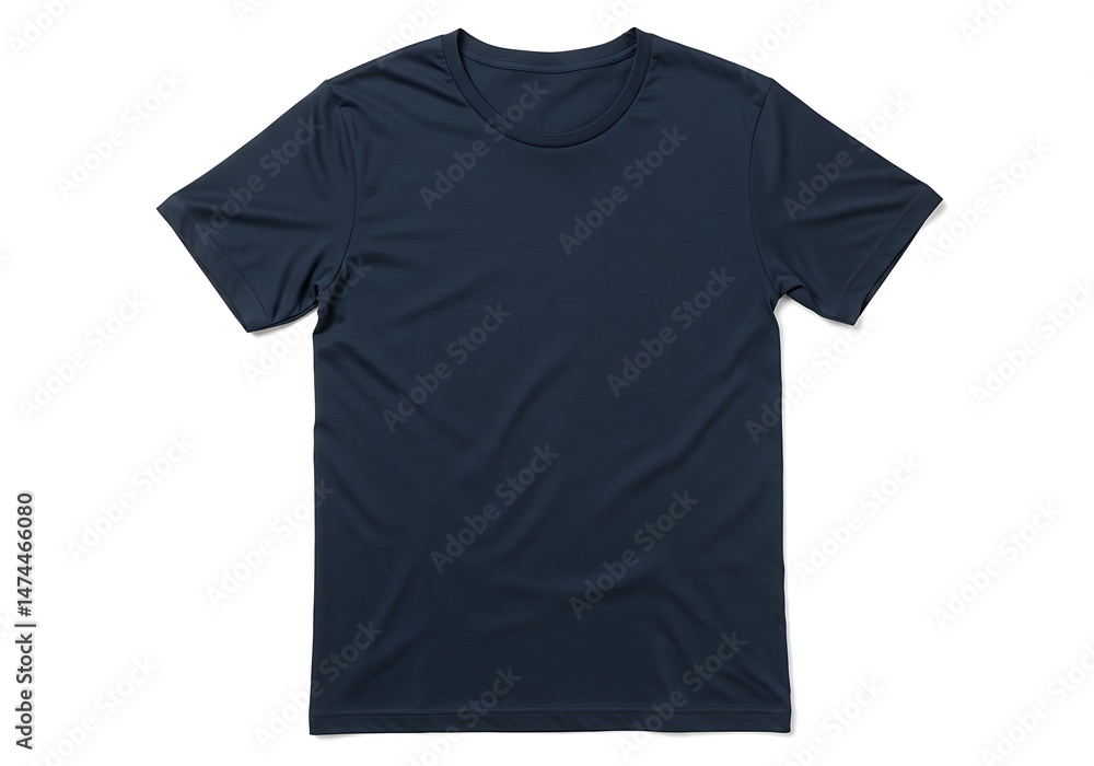 A dark blue t shirt lying flat on a white background A dark blue t shirt lying flat on a white background