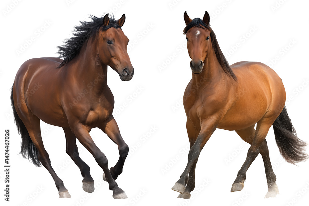 Obraz premium Two horses running side by side in a dynamic composition