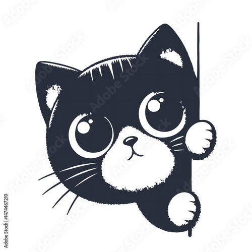 A cute black cartoon kitten, a domestic feline pet, with a funny tail in a vector art illustration