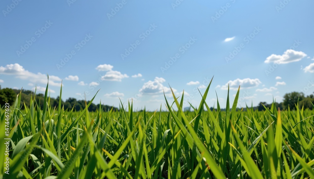 Obraz premium Vibrant Green Grass Field Under Blue Sky with White Clouds