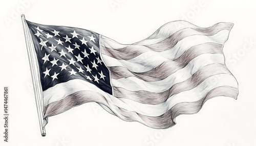 Waving US Flag with Pencil Sketch.