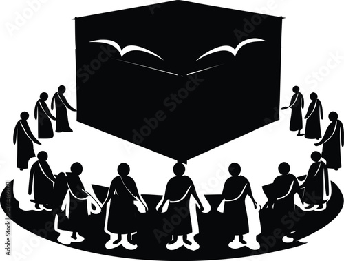 Black and White Silhouette Illustration of People Circling the Kaaba in Mecca