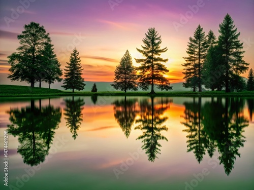 Breathtaking Sunset Silhouettes Mirrored in Still Lake -  Serene Landscape Photography