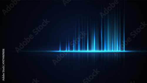 Abstract background with glowing blue vertical light rays and reflection on dark. Futuristic tech design for energy, data, or digital themes. vector eps10