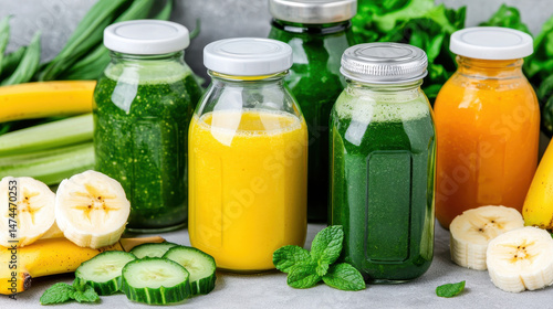 Fresh smoothie jars filled with vibrant green and yellow drinks, surrounded by fresh fruits and vegetables, evoke healthy