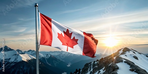 Canadian Flag, Majestic Mountains, Low Light, Patriotism, Nature Photography