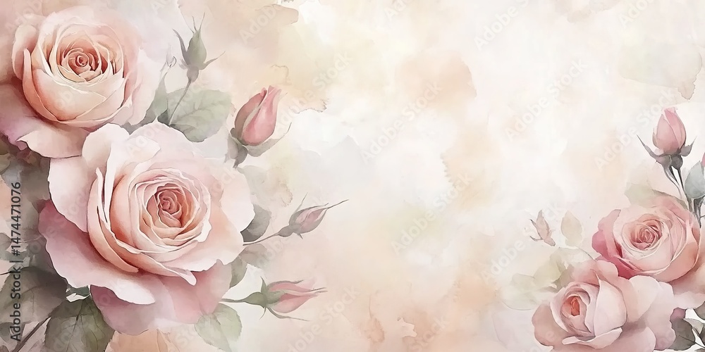Fototapeta premium A watercolor-style painting with blooming pink roses, unopened buds, green leaves, and soft beige hazy background.