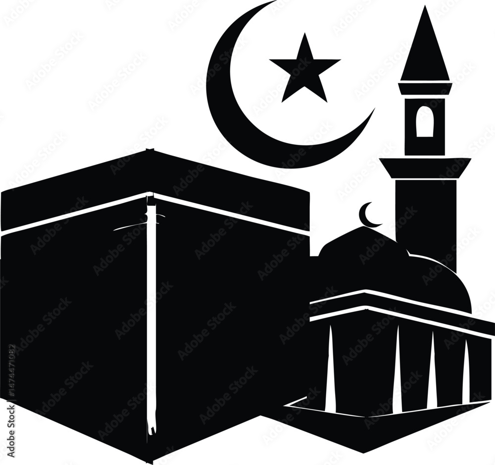 Fototapeta premium Islamic Symbols Kaaba Mosque Crescent Star Religious Icon